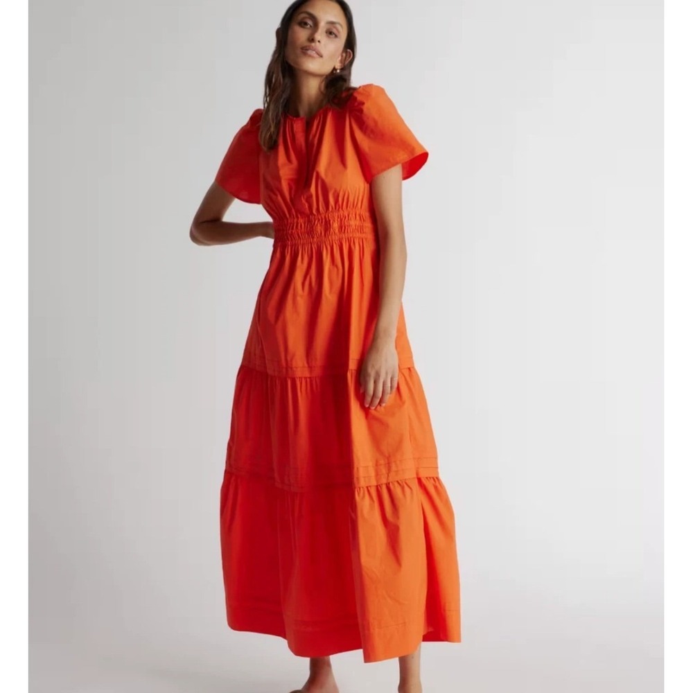 Quince Vermillion Red 100% Cotton Tiered Maxi Dress Puff Sleeve Smocked Waist S